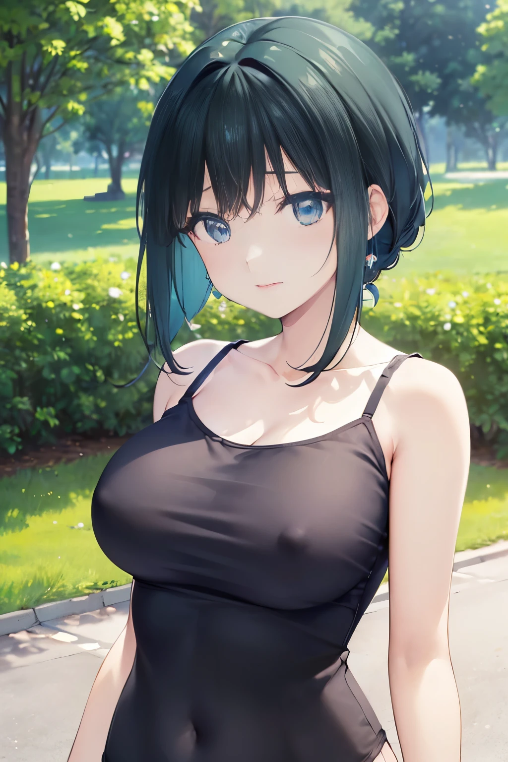 masterpiece，High resolution，Highest quality，In the grassland, (Portrait), Upper body photo, Cute Face，((Facing forward))、Black Hair、((Shooting from the front:1.5)), ((Tight camisole:1.5)), ((Big Breasts:1.5)), See-through nipples