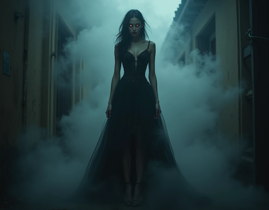 ((a female vampire's pair of glowing eyes shines)) full body picture, the fog hides the face, and most of the body you see only the glowing eyes, wearing glamour dress, intricate dress, high heels, you see only the pair of eyes, fantasy dark alley background, the fog fills the alley, you see only the glowing eyes 