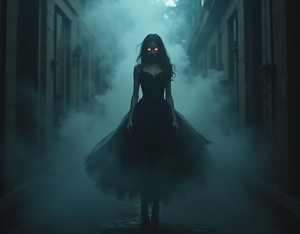 ((a female vampire's pair of glowing eyes shines)) full body picture, the fog hides the face, and most of the body you see only the glowing eyes, wearing glamour dress, intricate dress, high heels, you see only the pair of eyes, fantasy dark alley background, the fog fills the alley, you see only the glowing eyes