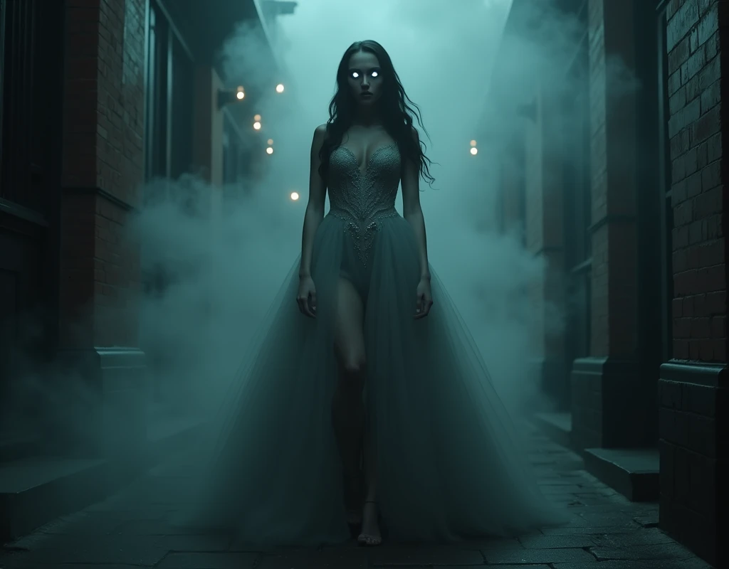 ((a female vampire's pair of glowing eyes shines)) full body picture, the fog hides the face, and most of the body you see only the glowing eyes, wearing glamour dress, intricate dress, high heels, you see only the pair of eyes, fantasy dark alley background, the fog fills the alley, you see only the glowing eyes 