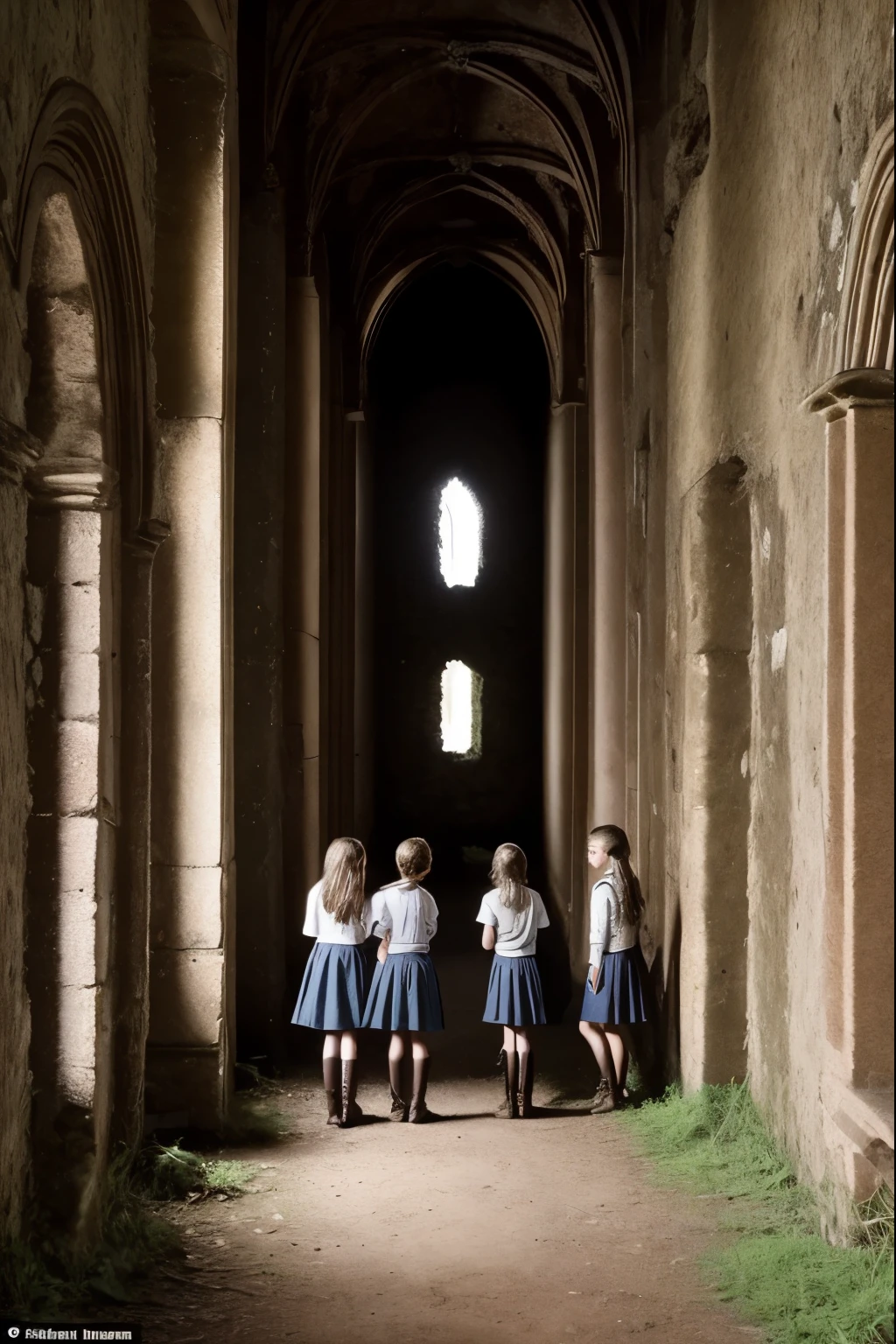 two fifteen-year-old girls and a nine-year-old girl explore a ruined abbey, dark atmosphere, spooky place, darkness, eerie shadows, ancient ruined medieval frescoes on the walls, wearing trousers and boots