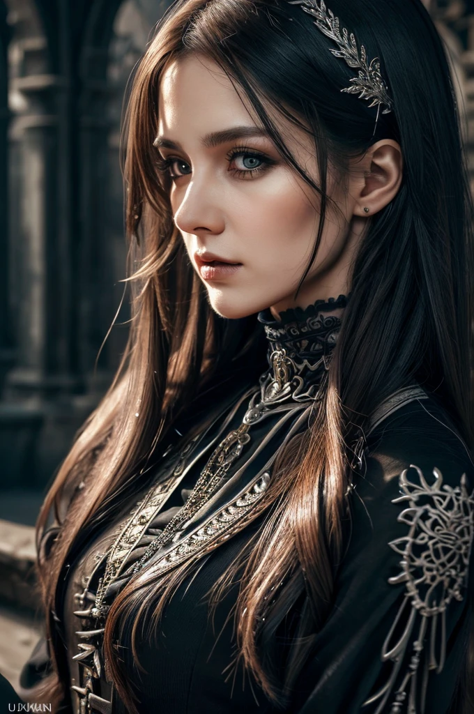 1 European gothic woman, pretty face, long straight hair, ultra detailed face and eyes, hyperrealistic, realistic representation, 30 years old, she is wearing black gothic clothing