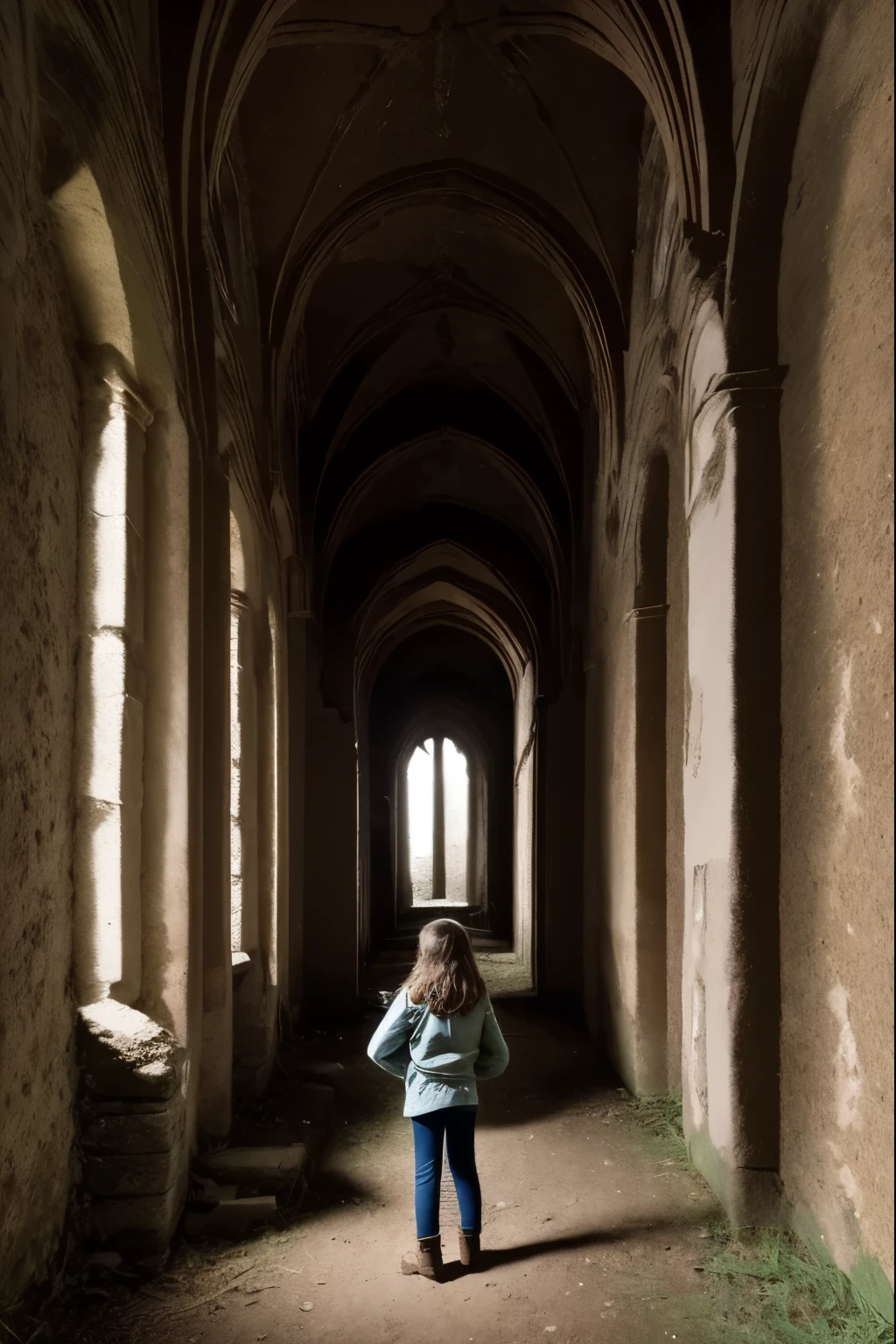 two fifteen-year-old girls and a nine-year-old girl explore a ruined abbey, dark atmosphere, spooky place, darkness, eerie shadows, ancient ruined medieval frescoes on the walls, wearing trousers and boots