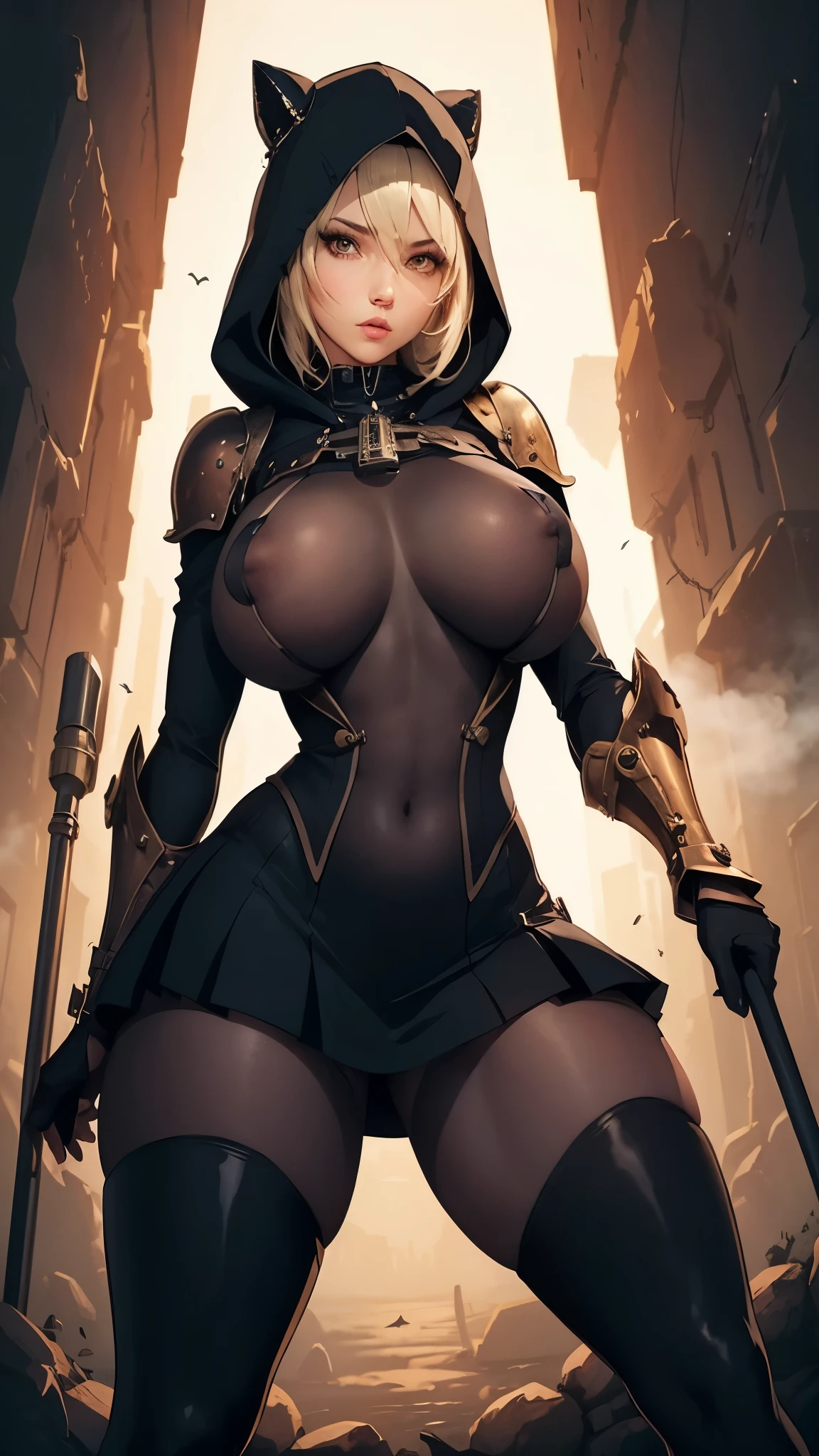 Curvy Woman, natural boobs, hips, ((t-shirt mini dress see through)), hooded, (steampunk armor), in darkness catacombs, strong stance, stockings, puffy nipple 