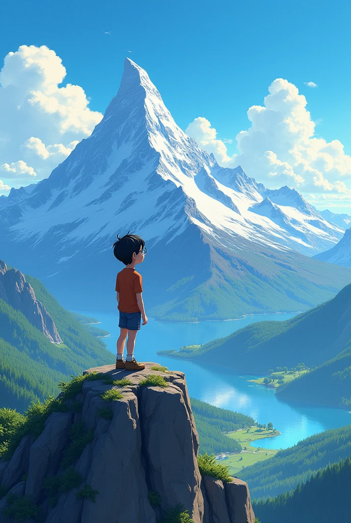 A boy who stand on a mountain and something thinking.The view from mountain is awesome. Boy wearing a glasses.Make the scene in 2D or anime type