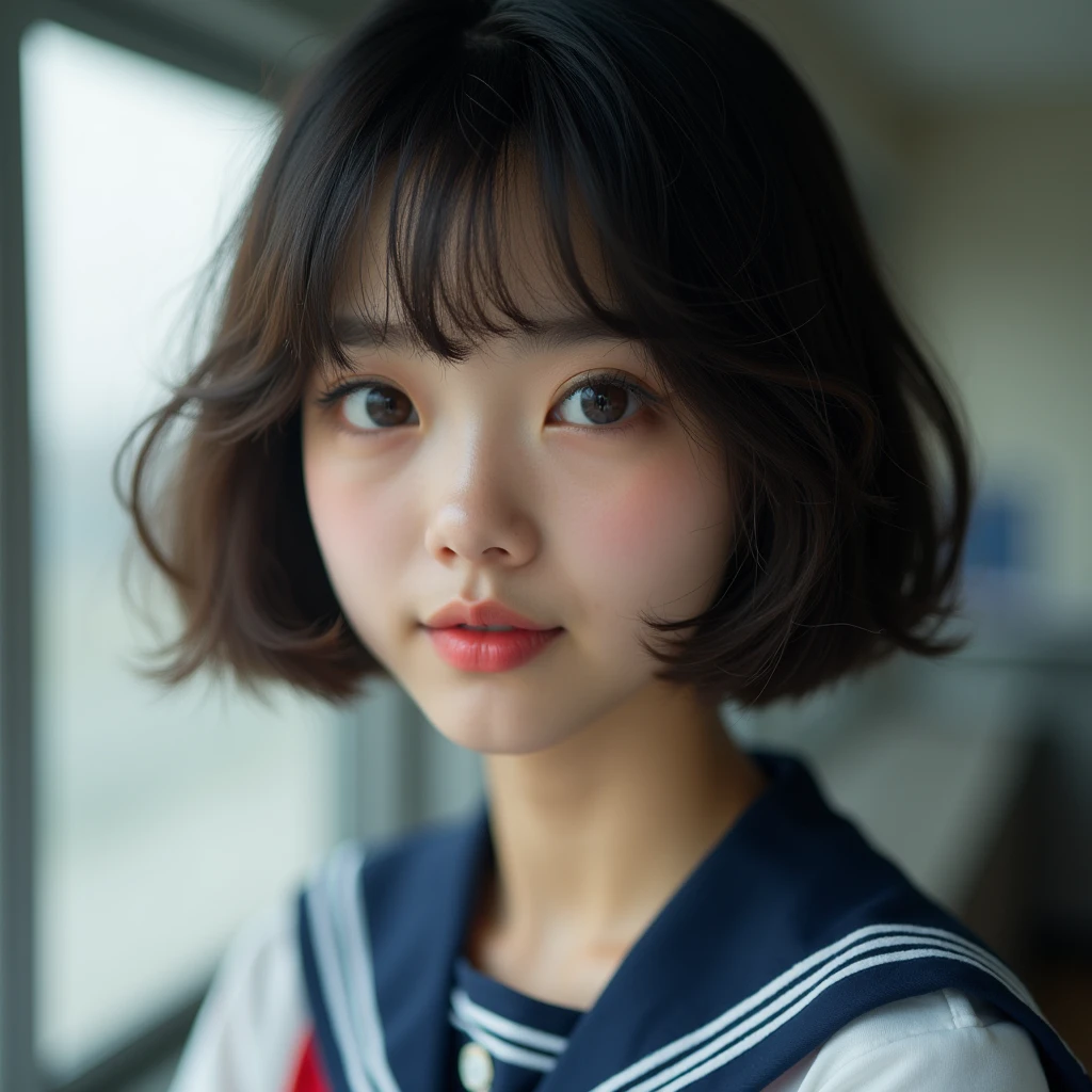 Highest quality, Face Focus, Soft Light, Ultra-high resolution, (Realistic:1.4), RAW Photos, 1 Japan, alone, cute, (A shy smile:0.5), (Brown eyes, Light in your eyes), Beautiful face in every detail, (Small box),(High resolution detail of human skin texture), (Short Bob Hair), break, In the classroom,Navy uniform, Best, skirt