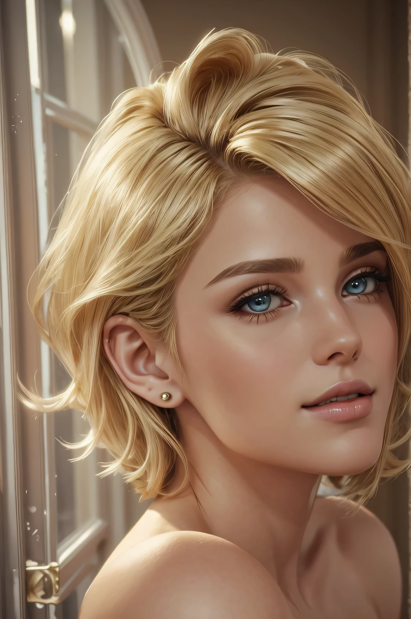 beautiful young woman with shoulder-length blonde hair styled in a wavy bob. She has dark green eyes, pale skin, and soft, natural makeup. She is wearing a simple white top and pearl stud earrings. The background is blurry and neutral. The image is highly realistic and detailed, with a focus on the woman's face and expression.
Style: Photorealistic, hyperrealistic, or 3D render.
Lighting: Soft, natural lighting.
Mood: Serene, calm, and confident.
