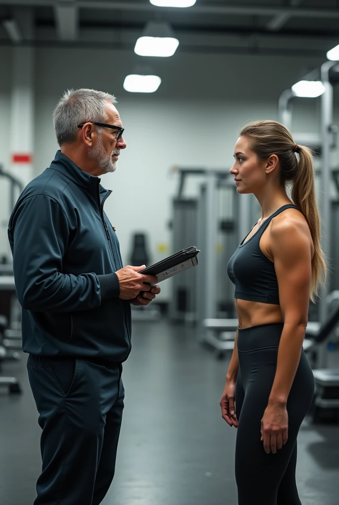 A physical education teacher with a clipboard doing a physical assessment on a woman