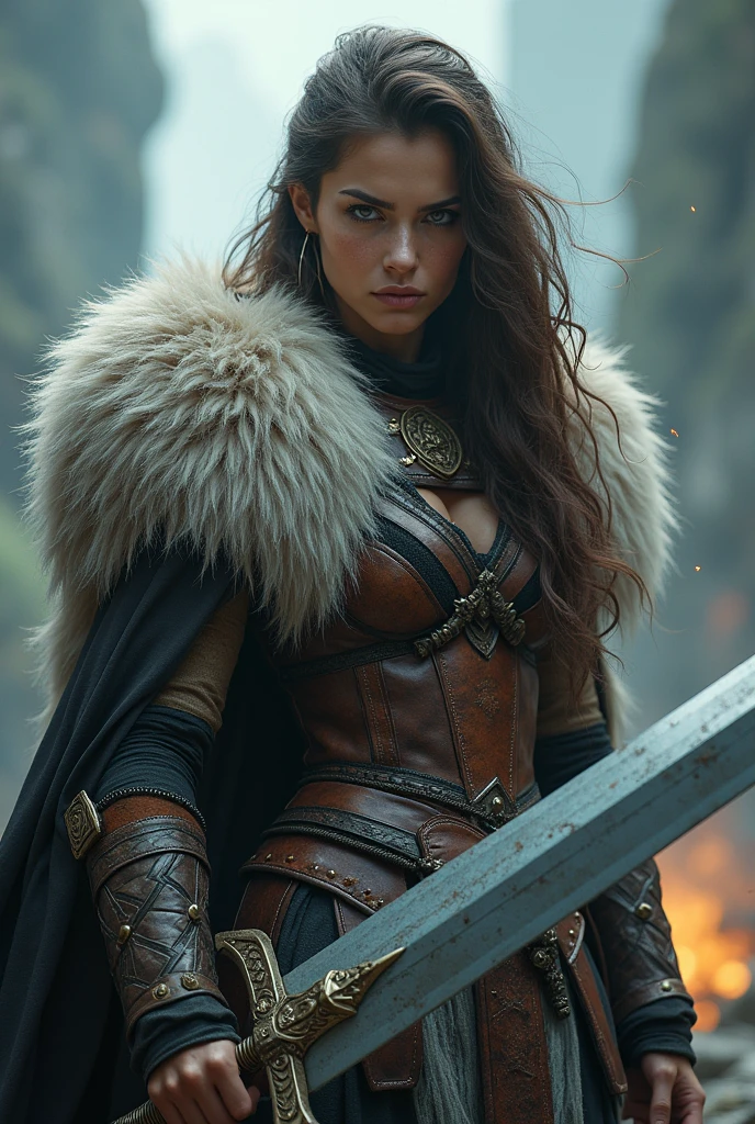 A fierce warrior girl, intricate fur armor, detailed face and eyes, long flowing hair, fierce expression, holding a large sword, dramatic lighting, fantasy landscape, cinematic composition, epic fantasy, highly detailed, photorealistic, 8k