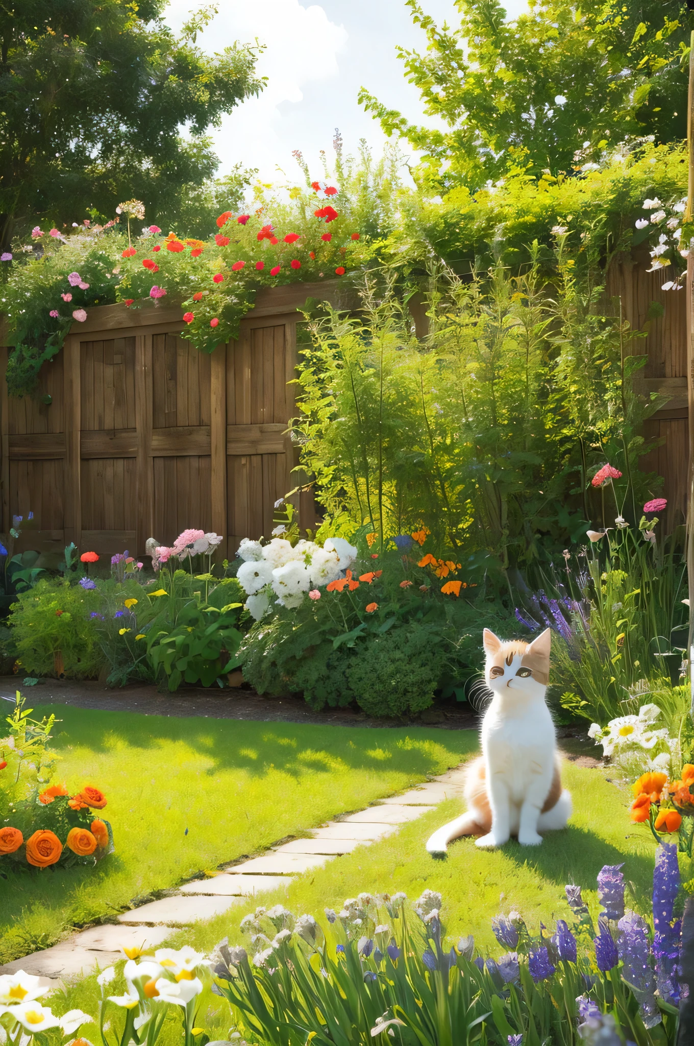 kitten、Orange、white、Blue Eyes、Sitting、garden、grass、flower、wood、City、Soft Light、Digital Art