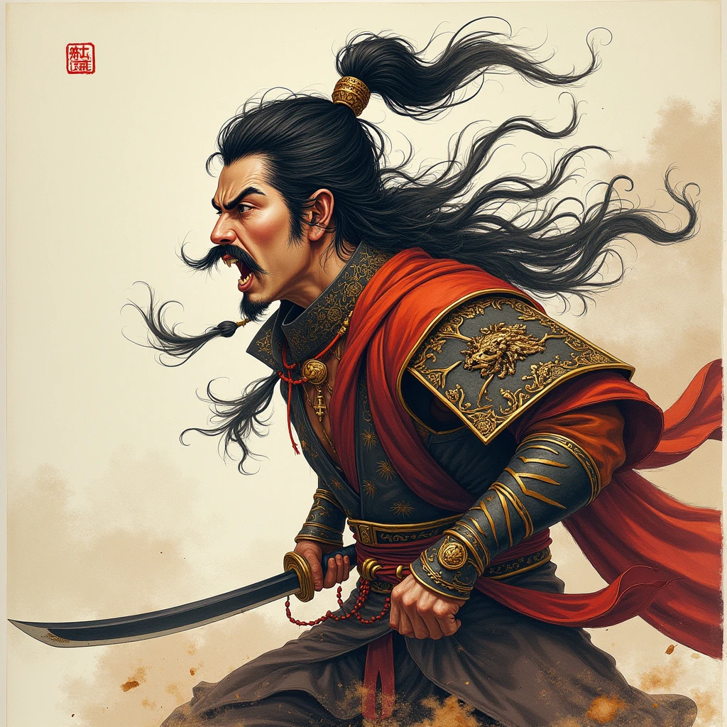 Three Kingdoms,Attache,Shogun,Shouting threats towards here,Battle,Imperial Army,Attack,Strong winds,Tiger Whiskers,Ready to die,Martial God,Frizzed and tangled hair,Fantasy,A painting drawn with ink.,A hood with decorations that suggest high social standing,A helm of high rank,ancient China,Muscle々,Sturdy skeleton,Headband,Bo Jin