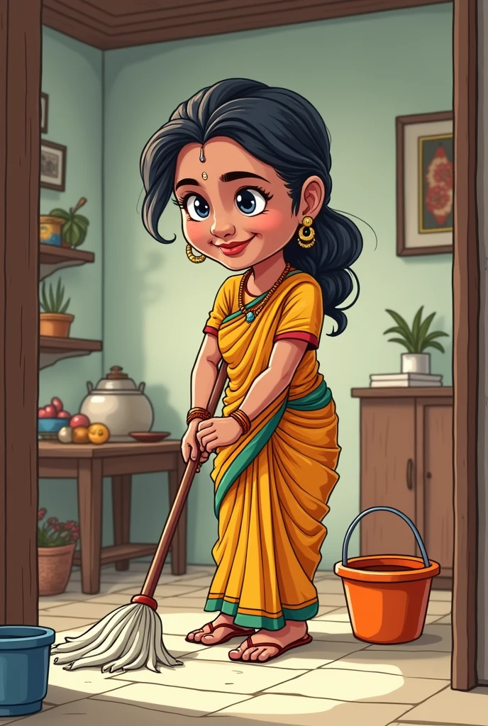 Indian mom cartoon moping the house with bucket of water 