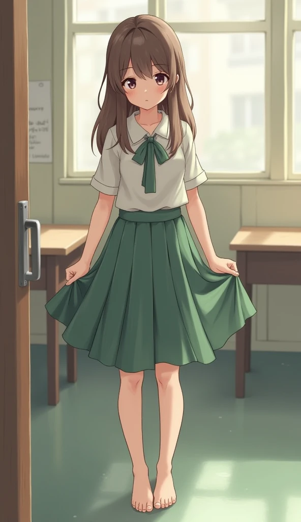 ((Roll up your skirt)), Pleated skirt, blush, Round face, (Droopy eyes), blush, ((((Embarrassed face)))) ((Spread your legs))classroom、beautiful girl、(Serious-looking beautiful girl)Light brown hair、((No panties))、barefoot、barefoot、((Please pee))、The floor is wet with urine