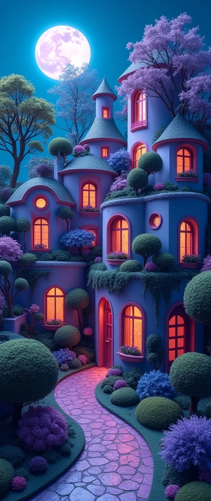 real photo of a multiple windows and roof and doors on a layered creative secret garden from Wonderland, with different topiary art bushes in different sizes and forms and flowered trees: topiary angled designs with different impact designs depicting geometric vivid forms and impossibly architecture by MC Escher, immersive and cinematic scene under moonlight, fun, very colorful mainly violet and cerulean blue, iphone 15 photograph, real