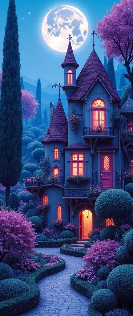 real photo of a multiple windows and roof and doors on a layered creative secret garden from Wonderland, with different topiary art bushes in different sizes and forms and flowered trees: topiary angled designs with different impact designs depicting geometric vivid forms and impossibly architecture by MC Escher, immersive and cinematic scene under moonlight, fun, very colorful mainly violet and cerulean blue, iphone 15 photograph, real