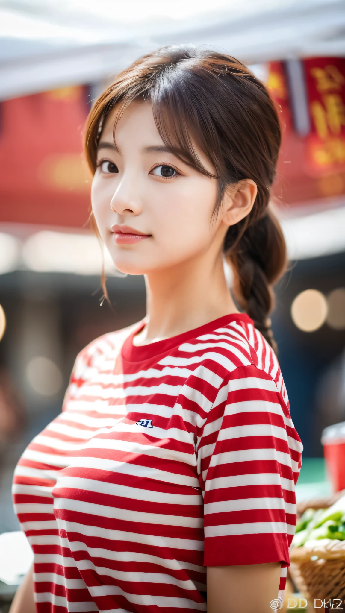 close-up of beautiful beautiful korean female, 34 inch breasts size, braided ponytail, wearing red striped t-shirt, in the morning market, bokeh background,UHD