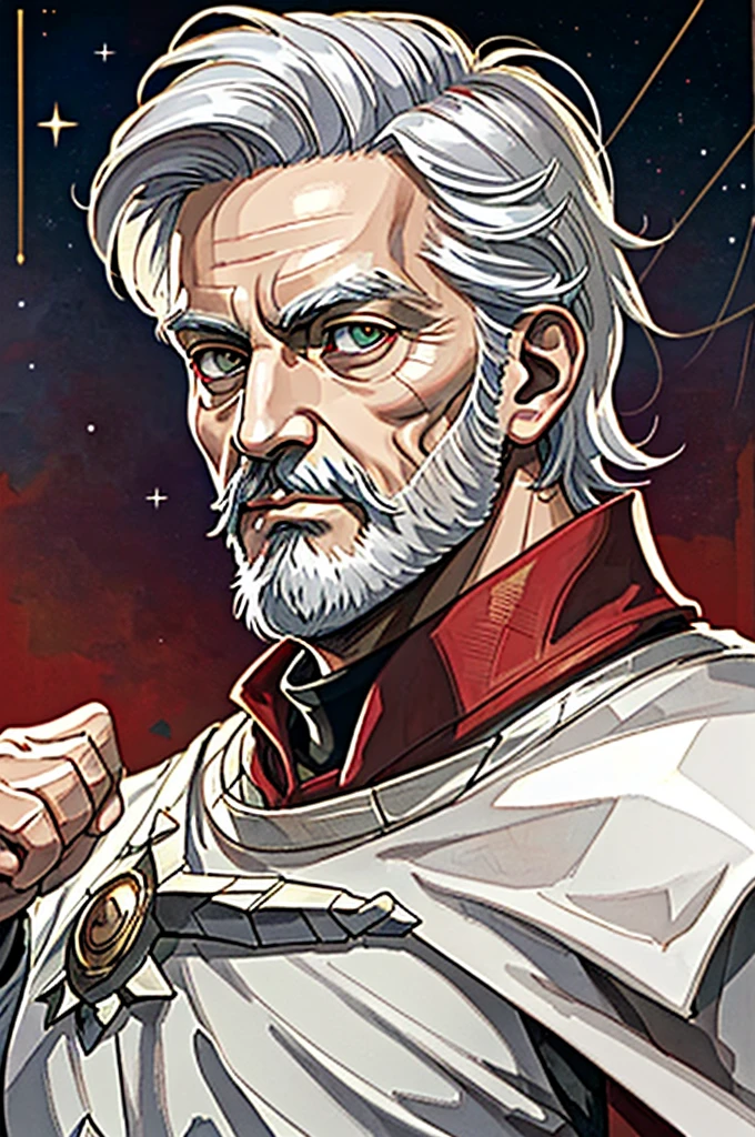 Highest quality, masterpiece, High resolution,，（Hannibal　Barca），（smug face），Roman Empire，Starry Sky_background，Old Man，Anime Style, 4K, alone，（whole body）， looking at the camera, White toga，（Red_coat）White Hair，Short Hair，White Beard（Full Finger）, Hyper Detail, (Intricate details),