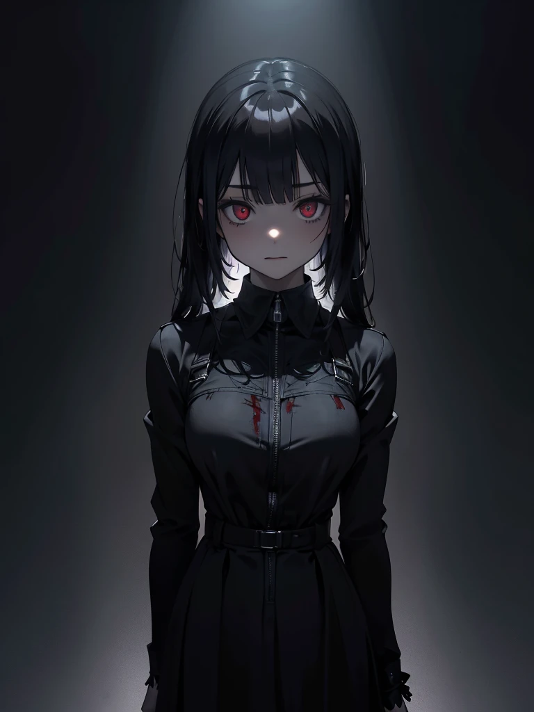 whole body, Long black hair,Red eyes,In the spotlight,(It generates high-quality female works with a dark and insane horror movie-like world view centered on black. She has a creepy and attractive physique、whole body黒のファッションスタイルを着ています. The background is a dark and desolate landscape, An atmosphere like a horror movie setting. Her figure is terrifyingly beautiful, Emphasizing dark and insane elements. Light and shadow effects are skillfully expressed, detailed, The face and expression in the black attire are meticulously drawn, Artistic elements add depth to the work. The overall atmosphere exudes an eerie and nightmarish worldview, With a unique artistic touch. This movie is、It depicts the dark and insane world of a horror movie in high quality, Evoke visual stimuli and aesthetic sense, It will give viewers fear and excitement. It produces a work that blends the dark and insane worldview of a horror movie with artistic elements.