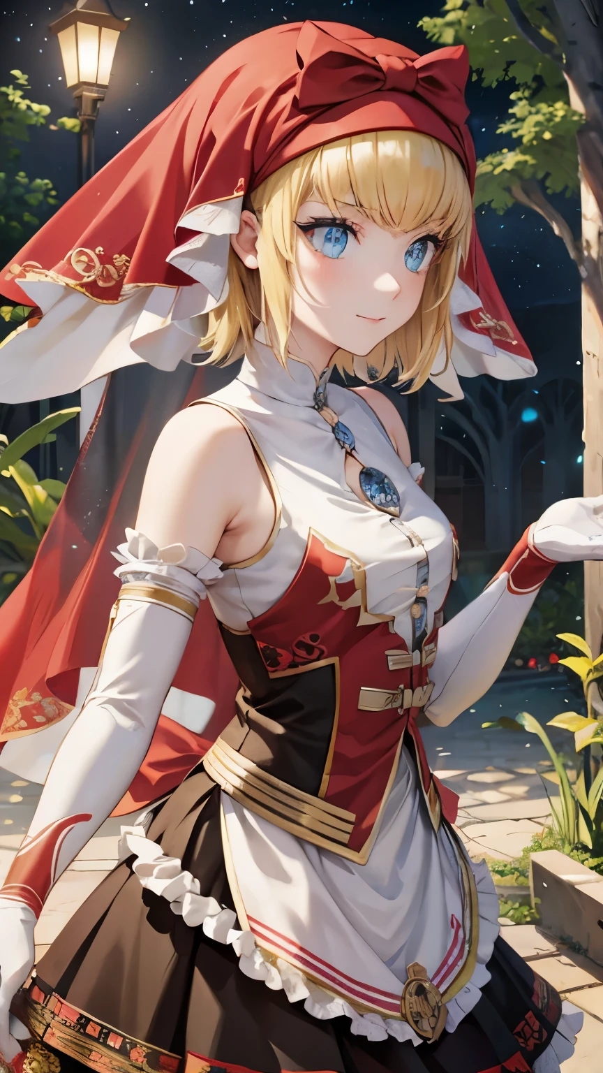 redい衣装を着た少女の写真,((masterpiece, Highest quality, Highly detailed CG, unity 8k wallpaper )), CG society hot topic, Fantasy art, 8K high quality, detailed art, Glowing Skin,smile,Perfect Face,Blonde,short hair,High resolution decoration,Wearing lavish ornaments,redい頭巾,blue eyes,Very long eyelashes detail, (Pale skin:1.2), (alone:1.2),  thin,  Outdoor, Veil, (red_Veil:1.3), Long gloves