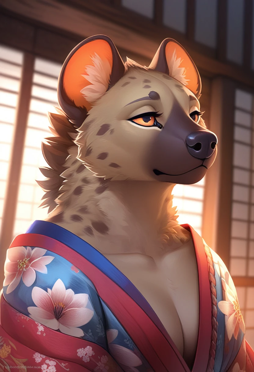 Masterpiece, Highest quality, Highest quality, Ultra high resolution, Detailed background(Very beautiful face and eyes), perfect anatomy(, Kimono, focus only),naked,(, hyena facial features, physical characteristics of a hyena,hyena'tongue),forest,Furry hyena,detailed fur rendering,slightly side view,(ยื่นtongueออกมา 1.5)