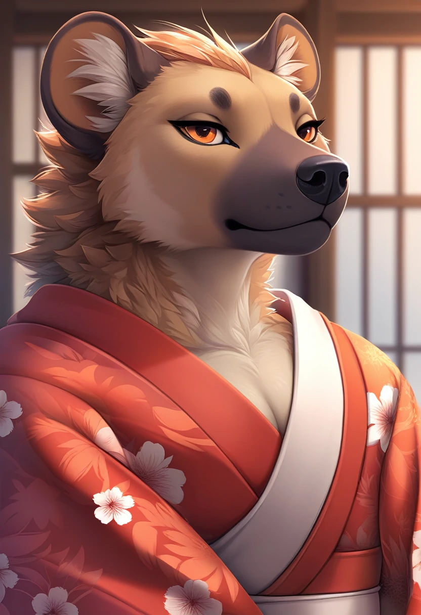 Masterpiece, Highest quality, Highest quality, Ultra high resolution, Detailed background(Very beautiful face and eyes), perfect anatomy(, Kimono, focus only),naked,(, hyena facial features, physical characteristics of a hyena,hyena'tongue),forest,Furry hyena,detailed fur rendering,slightly side view,(ยื่นtongueออกมา 1.5)