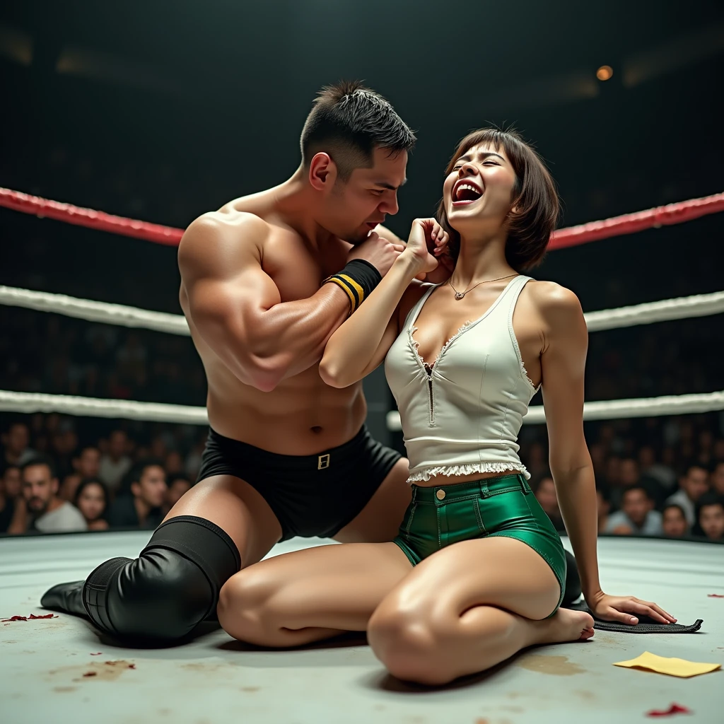 (8k, Realistic, RAW Photos, Highest quality: 1.4),In the professional wrestling ring,、A female wrestler is being attacked by a male wrestler who is much bigger than her.Female wrestlers are beautiful, Slim Japanese woman, 24-years-old.shiny very short hair.Hug her body, Shiny white and green tank top、Her ample breasts are accentuated by the contours of her body.She sits with her legs wide open,.Her right arm was broken after a brutal attack by a male wrestler..I can't stand the pain, She holds her right arm with her left hand、Looking up at the sky, Make a loud scream..The violent attack left her outfit in tatters..
The male wrestler stands behind the female wrestler, Is doing a middle kick to her back.
A female wrestler has her eyes closed with an expression of extreme pain.、.