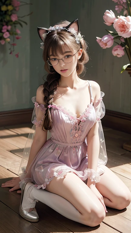 (Surrealism), (Implications), (high resolution), (32K), (Extremely detailed), (Best Illustration), (Beautiful and delicate eyes), (Best quality), (Extremely detailed), (masterpiece), ( wallpaper), (A delicate and delicate face), Solitary,On your legs,Surrounded by others,Highly detailed face and skin textures,Delicate eyes,Double eyelids,Hairpin twist braid ball,Wearing large frame glasses,Fairy wearing pink tulips, Sweet and pure lace print embroidery transparent,Wearing cat ears,Open your legs,Kneeling on both knees,Lower your head nervously,Very shy,Embarrassing provocation and shock,Stand with your legs open,On the floor of the men's restroom,A small pool of her own urine formed at her feet, 非常想Urinating, Urinating, Wet yourself, Urine discharge, Tears streaming down my face, Fear, despair, Panic, High Detail,October Pregnancy Ballet,Wear ballet shoes,(Dynamic poses),1 girl, Play the pipa on the toilet in the bathroom,White wavy hair, Korean, Heterochromic Eyes, There is a small mole under the eye, ((apron)), Maximum chest, Long legs, Tighten your abdominal muscles,Wear gold and silver jewelry,(Camel toe),(Fishnet stockings),(Not Wearing),(not good)