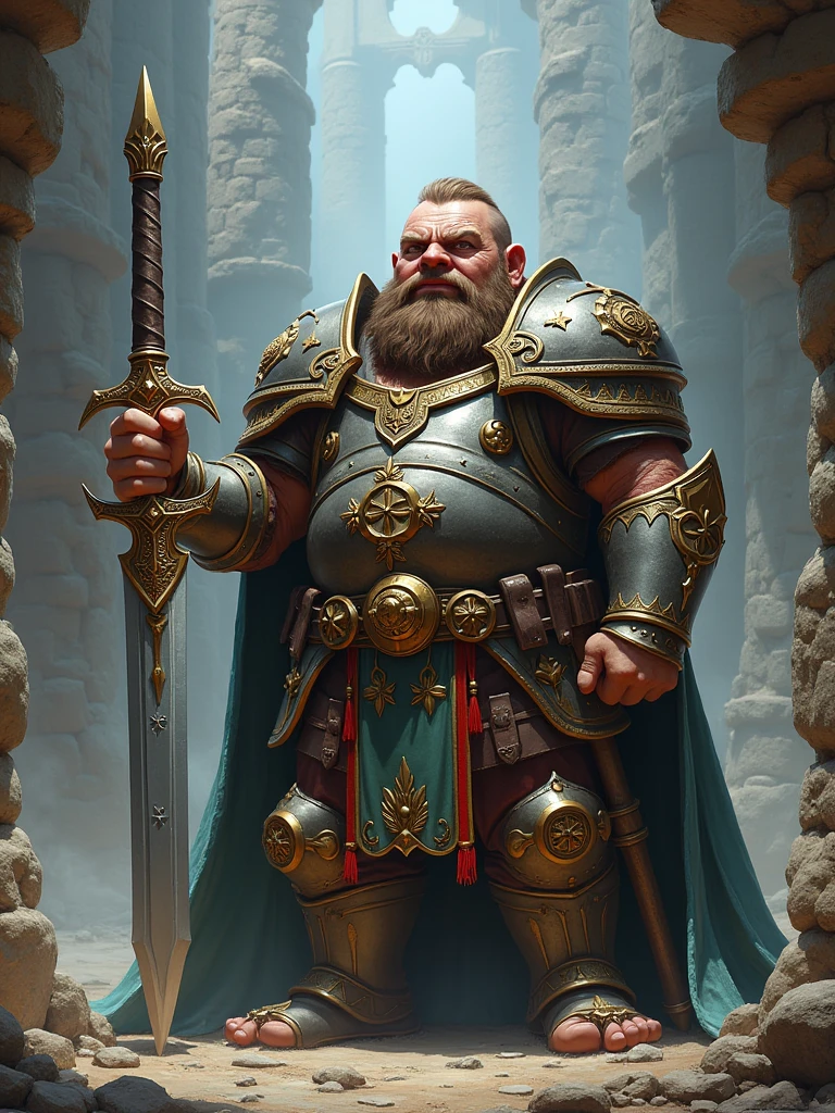 Depict a fantasy scene with a medieval-inspired setting. The central character of this scene should be a short, stocky figure, reminiscent of a dwarf. This figure, who could be either male or female from any descent, is a paladin, embodying virtuous and divine characteristics. The dwarf paladin is outfitted with the right tools for their role - heavy armor intricately detailed with holy symbols, and a magnificent two-handed sword that's nearly as tall as they are, a testament to their strength and bravery. The character and its setting should be reminiscent of a Dungeons and Dragons game, known for its complexity and richness in storytelling.