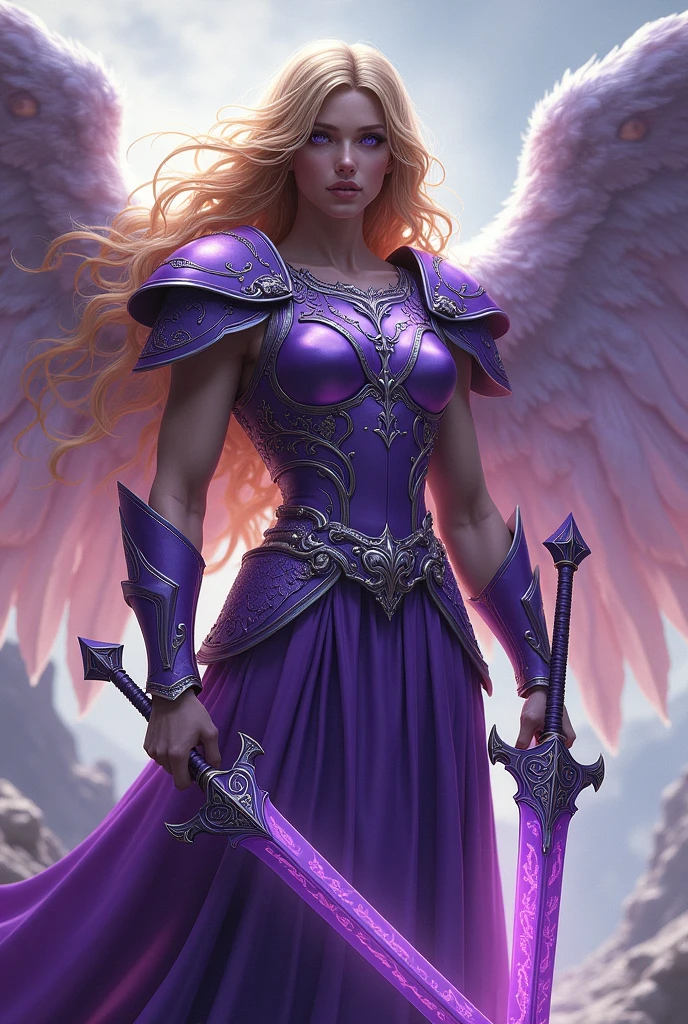 one with golden fringe hair, purple eyes, Finished purple armor, half-angelic half-greek sword with purple details