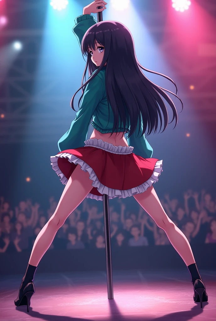 Chinca anime schoolgirl in black panties,score_9, score_8_up, score_7_up, high res image,masterpiece,best quality,

pole dancing, spread legs,crotch rub,stage,multicolored spotlight,pin heels, background audience,
(white frilled undercoat:1.2), [::0.9],emotionless face,
1 idol girl,blue and green idol costume,red mini skirt,
detailed grey eyes,tareme,anime face,backlit,
(detailed long hair:1.0),straight black hair,
back shot