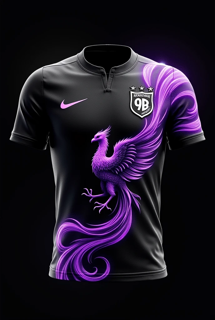 Make a soccer jersey ,On the left side is printed Nike and on the right side a shield written 9B on a hanger with a black background, with a Nike printed design
And a very detailed phoenix with purple fires detailed with black and many more things of a very detailed and realistic phoenix very realistic