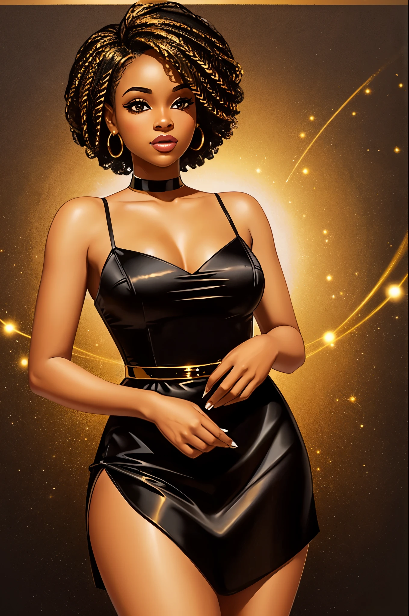 beautiful black woman, short ((golden)) dress that seems to flow like honey