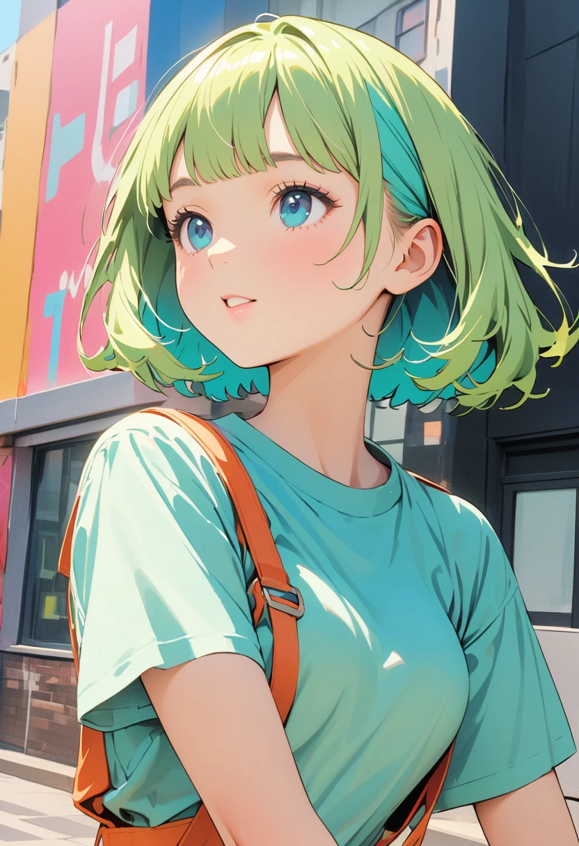 (Highest quality:1.2, City Pop Style, Very detailed, Latest, Vibrant, High Contrast, masterpiece:1.2, Highest quality, Best aesthetics), , ((Face Up Shot:1.4)), Colorful Hair, Bobcut, pastel colour, 1980s style, ((Retro, Vintage, Plain background))