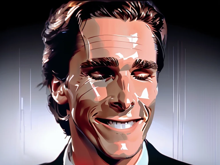 t-shirt designer, stylized modern vector art, (white background), vector, design, (a close-up of a man in a suit making a face), Patrick Bateman), in American Psycho (1 9 9 9),, ,,(Christian Bale), (smug smile).(cartoon style)),.few details,colors (black and white).(sticker).(eyes closed).
