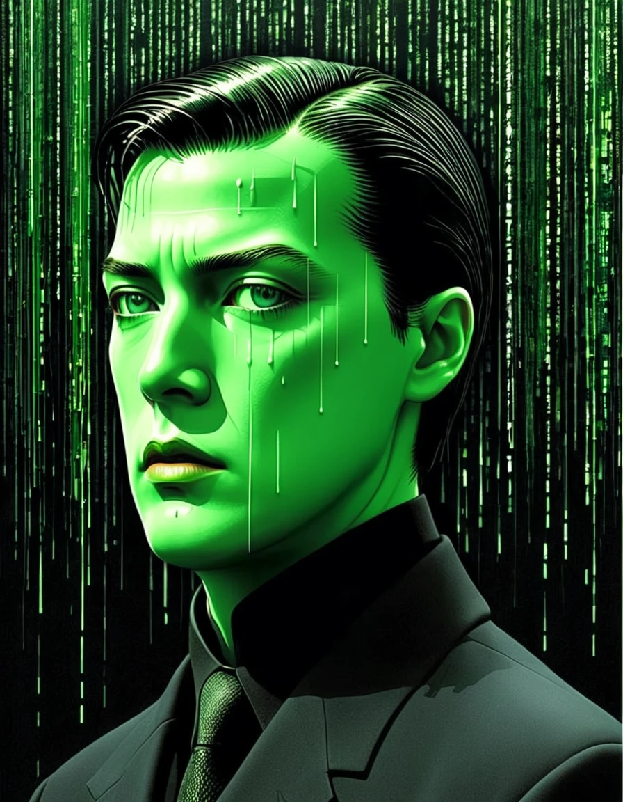 The Matrix movie Neo by René Magritte，Weird misplaced art：Collage画，There are many different things on the face，Geometric Dislocation，Collage，Artistic sense，Painting，paint，Simple，green black shadowy somber