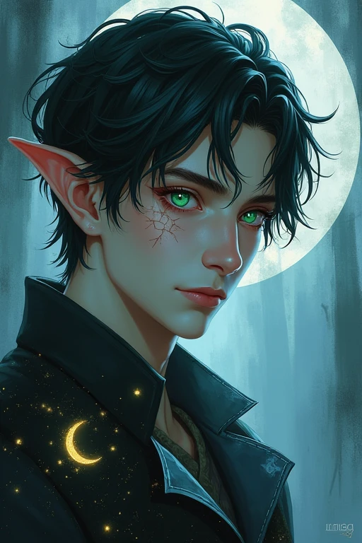 Male moon efl,scar on left eye Hair: short black Eyes: green flecked with gold Skin colour: alabaster