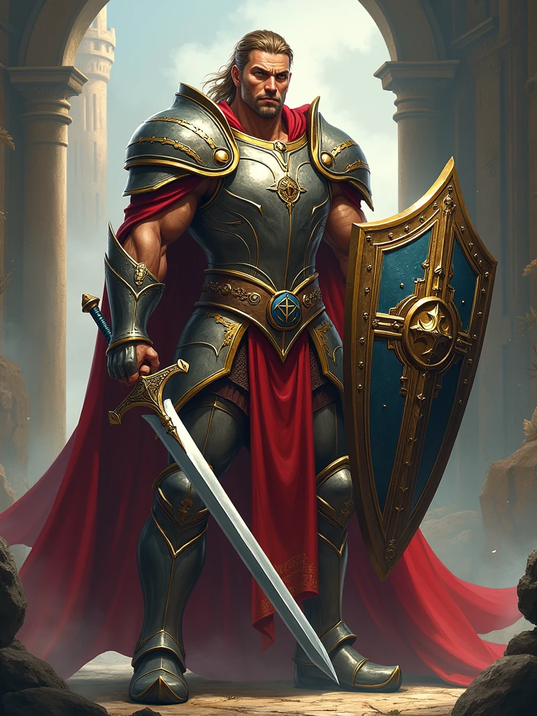 Design for a full body image of a Dungeons and Dragons character who is a paladin. He has a muscular physique similar to a male fitness model. His attire consists of intricately designed armor with ornate details and a symbol of his faith prominently displayed. He wields a sword in one hand, and a shield in the other. The backdrop is a fantasy setting, possibly near a castle or a forest.