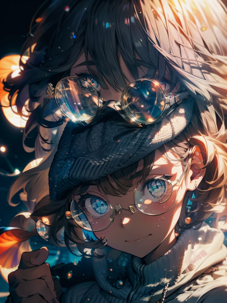 1 girl, gray eyes, gray with a brown tinge of hair, short hair with bangs, wears round glasses, wears a gray-brown long-sleeved sweatshirt with craters, looks at the viewer, is very embarrassed, blush, sweat on her face, against the background of the cosmic sky, next to the sun, beautiful, detailed, delicate tones, midjourney