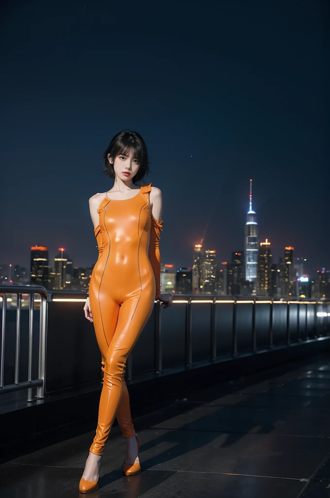 (((best quality))),(((ultra detailed))),(((masterpiece))),illustration,((1girl,Rui Kisugi,solo)),((slim,thin)),((small breasts,flat chest)),(tomboy wavy short hair:1.2),(bangs:1.3),((bare shoulder,shoulder off)),(orange full-body tight-fitting catsuit:1.5),(a red ribbon is tied around the waist:1.3),(standing:1.3),(arms behind back:1.3),(On the roof of skyscraper:1.3),(city view:1.2),(outdoor:1.2),(night scene:1.3),elegant,confident,athletic,curves,(slender legs:1.2),waist,concrete,glass,buildings,starry sky,natural beauty,captivating,thought-provoking,((from front,full body))