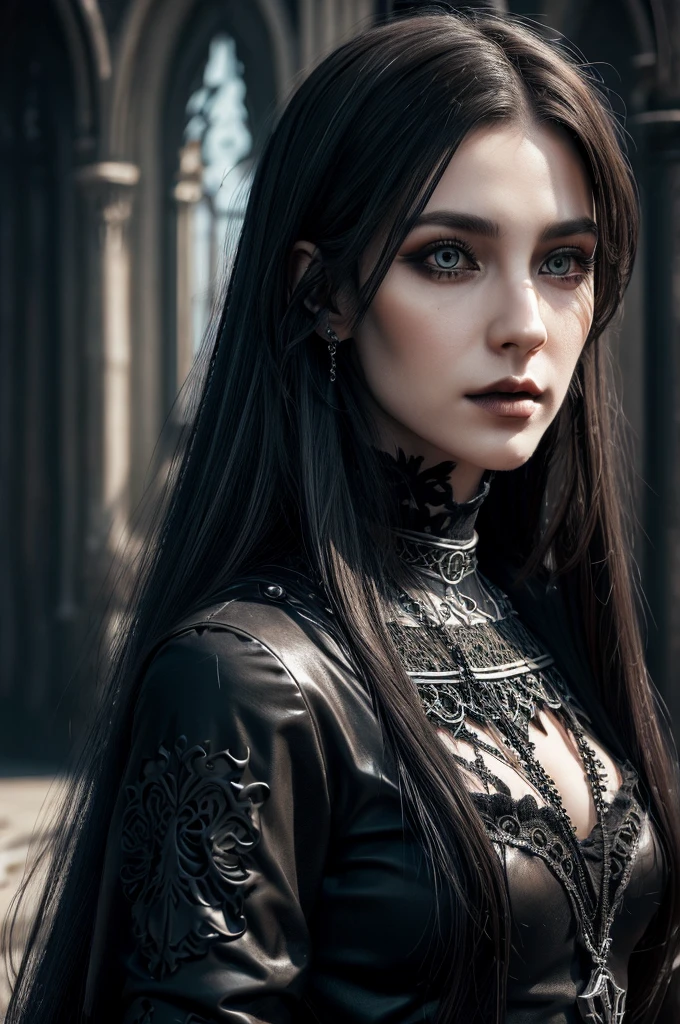 1 European gothic woman, pretty face, long straight hair, ultra detailed face and eyes, hyperrealistic, realistic representation, 30 years old, she is wearing black gothic clothing
