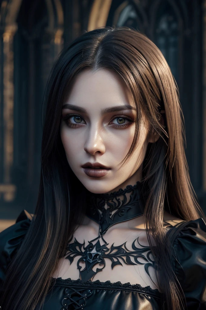 1 European gothic woman, pretty face, long straight hair, ultra detailed face and eyes, hyperrealistic, realistic representation, 30 years old, she is wearing black gothic clothing