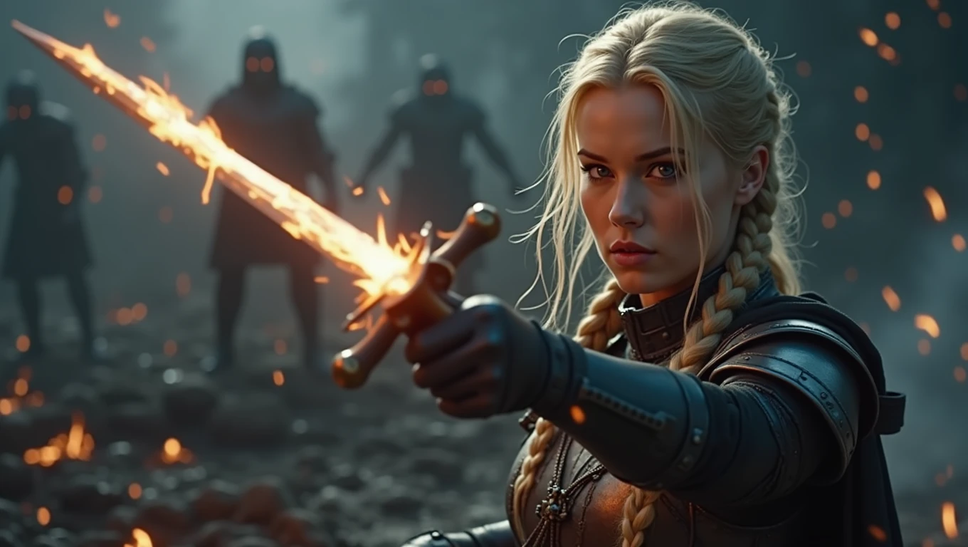 black fantasy, fierce atmosphere, blonde warrior, braided hair, pale skin, Musketeer's armor, sword held in one hand in the midst of an intense battle, fighting through flames and shadows, her sword cutting through the darkness, flames licking at her armor, but she remains unscathed, the ground is melted and cracked, shadowy figures trying to drag her down, but she stands strong, dynamic action shot with elements of fire and shadow