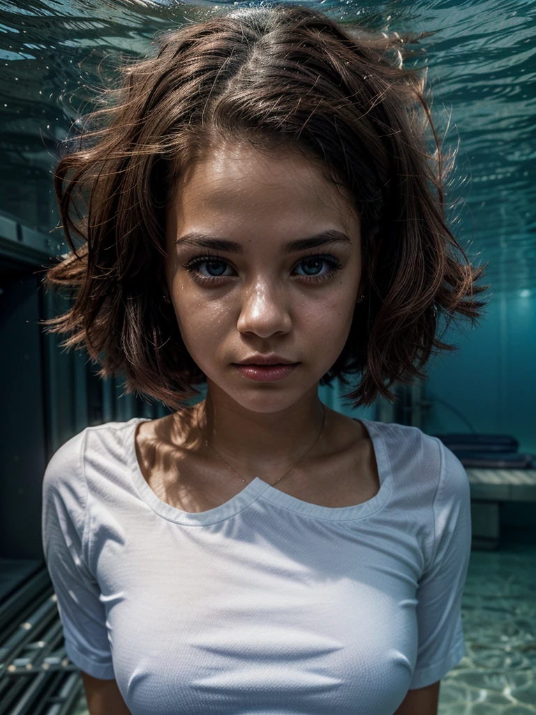 (Name: Reina Walker), Pretty 1.2, Beautiful Perfect Eyes 1.2, Wearing White Clothes and Tight Blue Lines, Being in an Underwater Base.