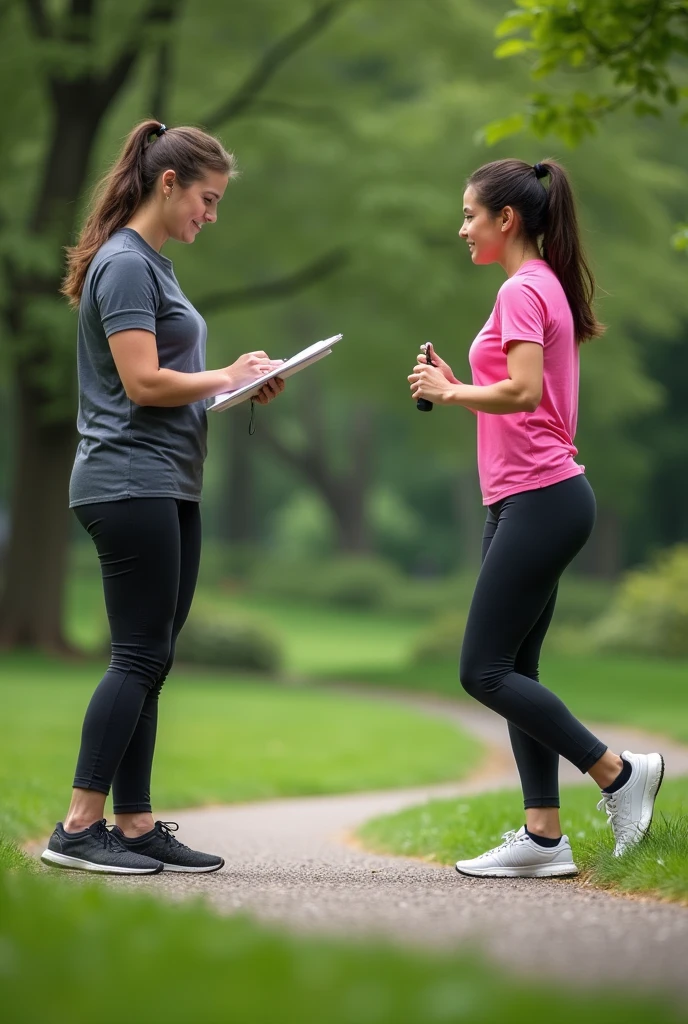 A physical education teacher conducting a physical assessment on a woman in the park