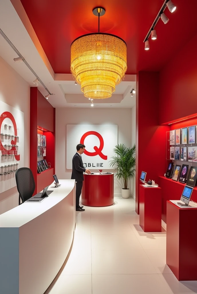 Entries View of the mobile shop, with right left mobiles rage, red or white accents, a warm yellow crystal chandelier, and a shop logo on the wall behind the reception desk, "Q MOBILE." ", there is right left mobiles on the stands, "Q" is red and "MOBILE" color is black.