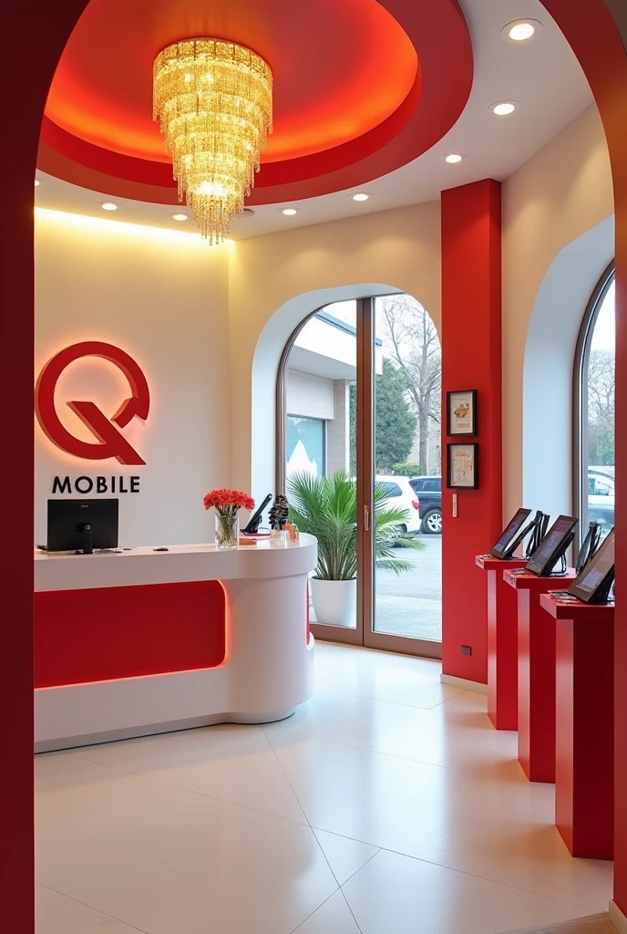 Entries View of the mobile shop, with right left mobiles rage, red or white accents, a warm yellow crystal chandelier, and a shop logo on the wall behind the reception desk, "Q MOBILE." ", there is right left mobiles on the stands, "Q" is red and "MOBILE" color is black.