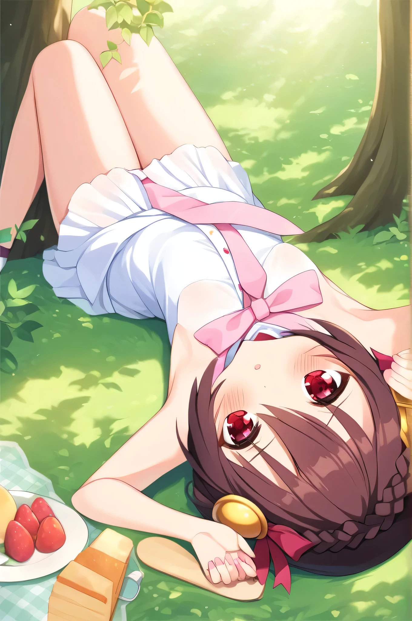 alone, One person, Yunyun, ♥、 (blush:1.5)、Crown braids of the same color as your hair、hair ornaments, Hair Ribbon, Pink tie, White dress, picnic、heart、♥、Sunlight filtering through the trees、Lying down