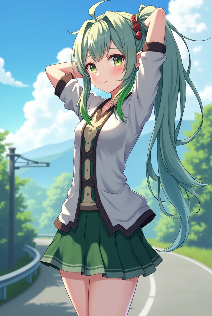 masterpiece , best quality,nahida(Genshin influence) ,1 woman , ,long hair ,side ponytail, headdress , gray hair , green hair , hands behind head:1.5,multicolored hair, elf , pointy ears , , skirt ,cardigan,road name , distance,Looking at the viewers
