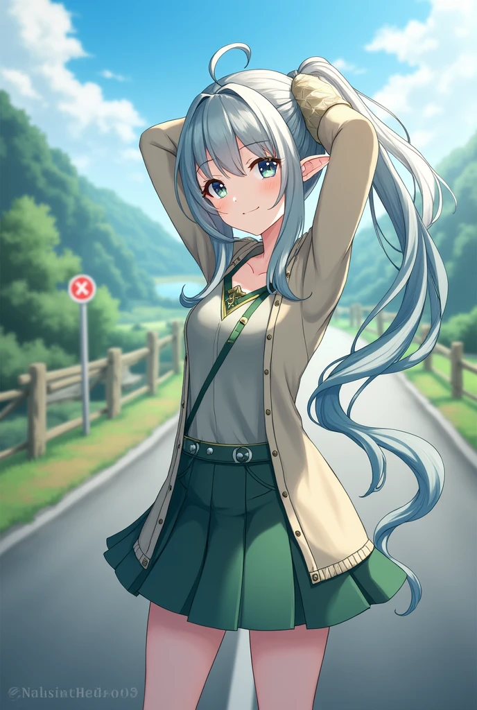 masterpiece , best quality,nahida(Genshin influence) ,1 woman , ,long hair ,side ponytail, headdress , gray hair , green hair , hands behind head:1.5,multicolored hair, elf , pointy ears ,  , skirt ,cardigan,road name , distance,Looking at the viewers