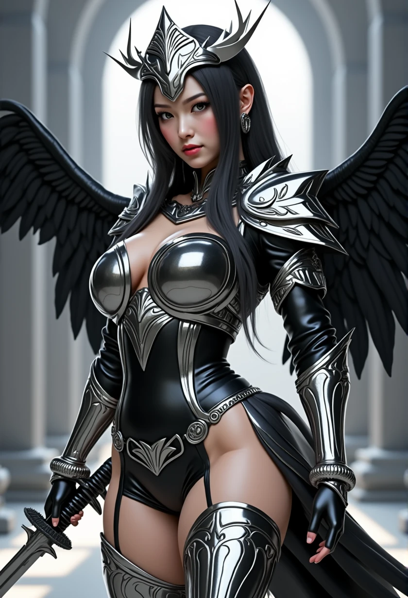 1fullbodyimage of a extremely cute Japanese young woman with albino skin and flowing hair, wide hips, well rounded legs, in a black and silver miniskirt outfit with black wings wielding a katana, Beautiful round breasts, Glossy lips, Perfect abs, (Perspectiveal), Tight waist, Inner seam, hourglass body shape, navel, Blush, Voluptuous, huge breasts, tight top, beautiful dark angel girl, warrior angel, villainess has black angel wings, angel knight gothic girl, angel in glossy metallic black and silver armor, crown in armour, stuning fantasy 3 d render, angel knight girl, cinematic volumetric lighting, ultra realistic, shot with Sony Fx6, (Glossy albino skin: 0.8), (Masterpiece: 1.4), (Best quality: 1.4), Natural(Big:1.25), Glossy lips, Perfect abs, (Perspectiveal), Tight waist, Inner seam, hourglass body shape, navel, Blush, Voluptuous, huge breasts, tight top, cinematic volumetric lighting